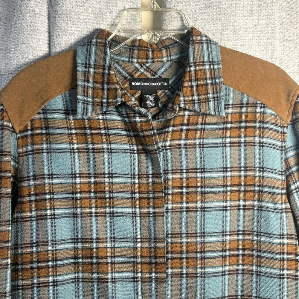 Norton McNaughton Plaid Shirt Blue Brown Faux Suede Shoulder Patches Large